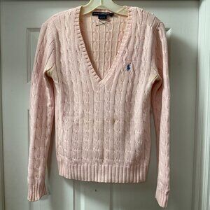 Ralph Lauren Sport Pink Cable-Knit 100% Cotton V-Neck Sweater size Medium